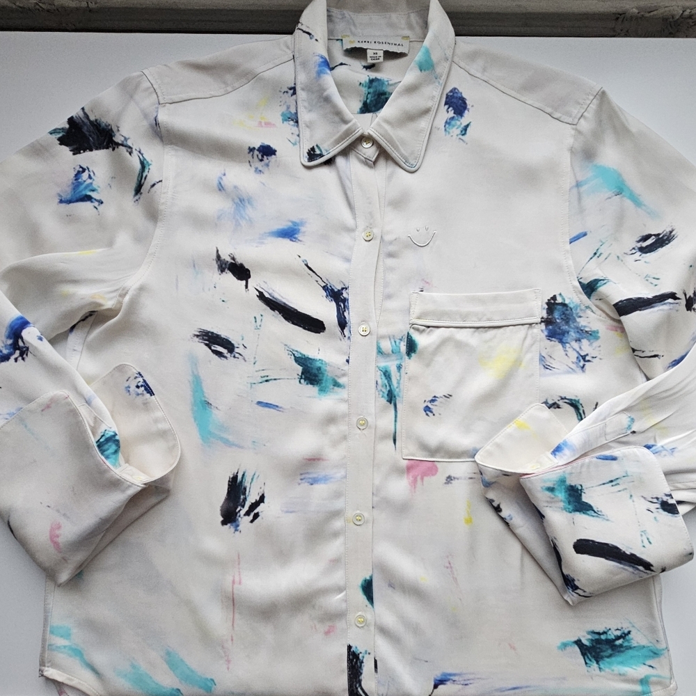 Kerri Rosenthal Silver White Paint Splatter Long Cuff Sleeve Button Down Blouse - Picture 10 of 14